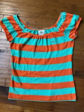 Women’s Lacoste Turquoise & Orange Striped Scoop Neck Shirt - Size 40